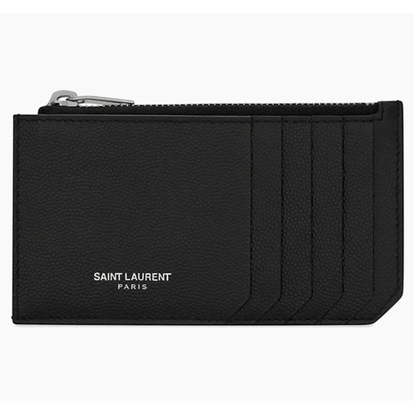 Saint Laurent Handbags - Saint Laurent Paris Fragments Zipped Card Case Black Caviar Silver Logo Wallet